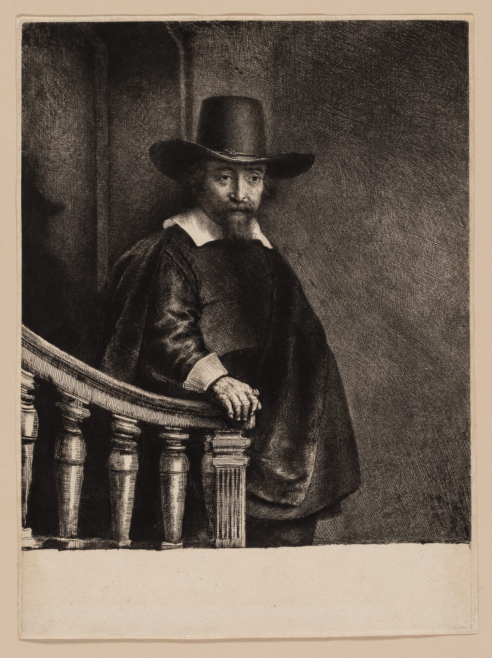 A seventeenth-century etched portrait of a physician, in dark formal dress with a broad collar.