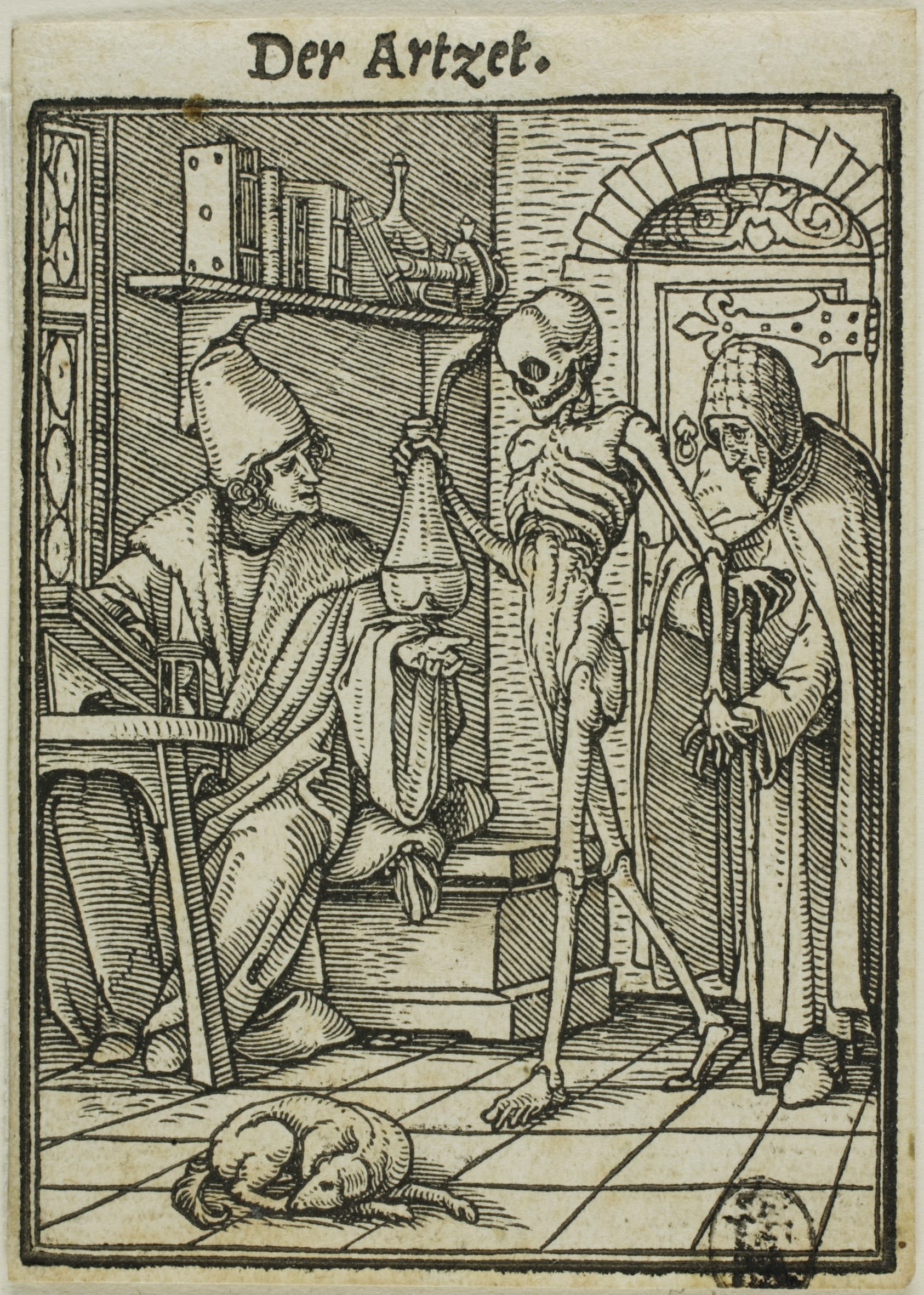 A physician depicted at a bedside, in dark clothing.