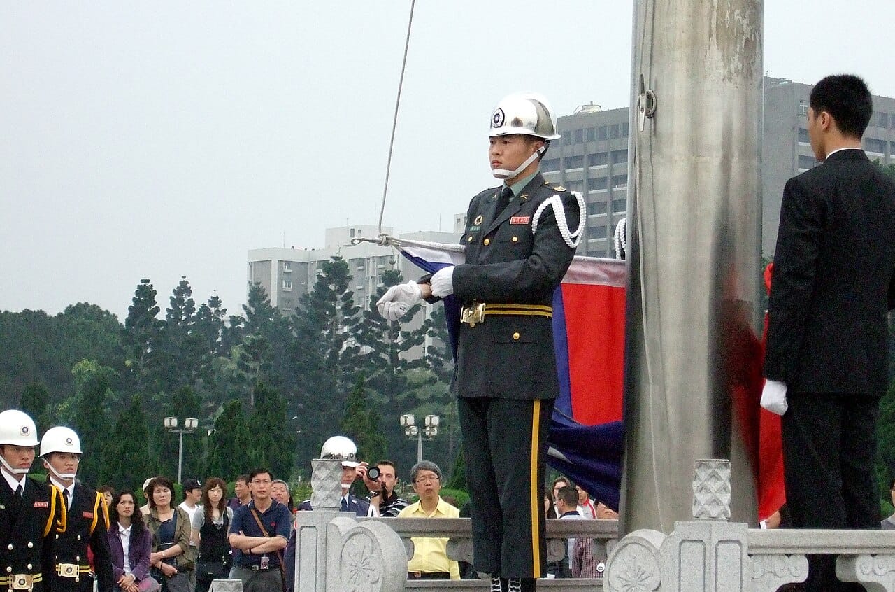 The flag is lowered at the National Taiwan Democracy Memorial Hall