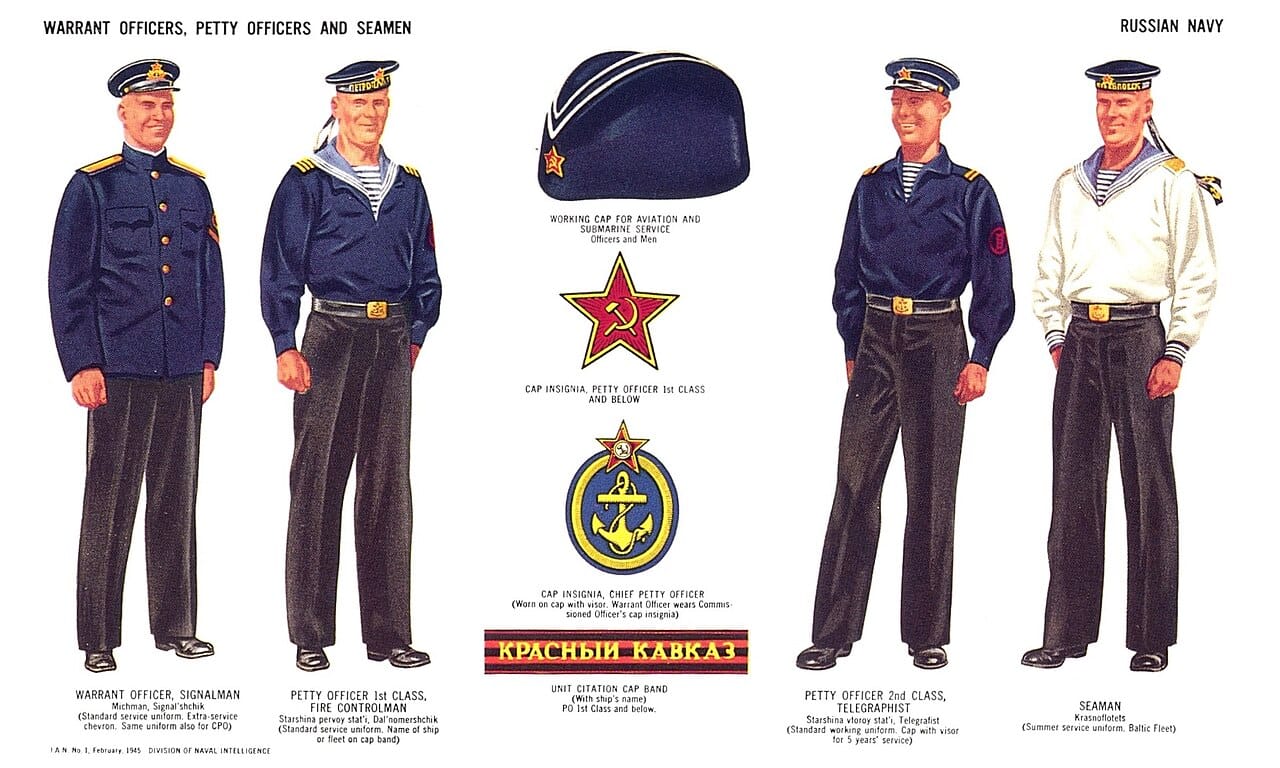 JAN1 Uniforms Insignia Navies of WWII (68) RUSSIAN NAVY (Soviet Union) Warrant Officers Petty O. Seamen. Cap Red Star Insignia band Summer service uniform etc - US Naval Intelligence recog. manual Feb 1945 Public domain