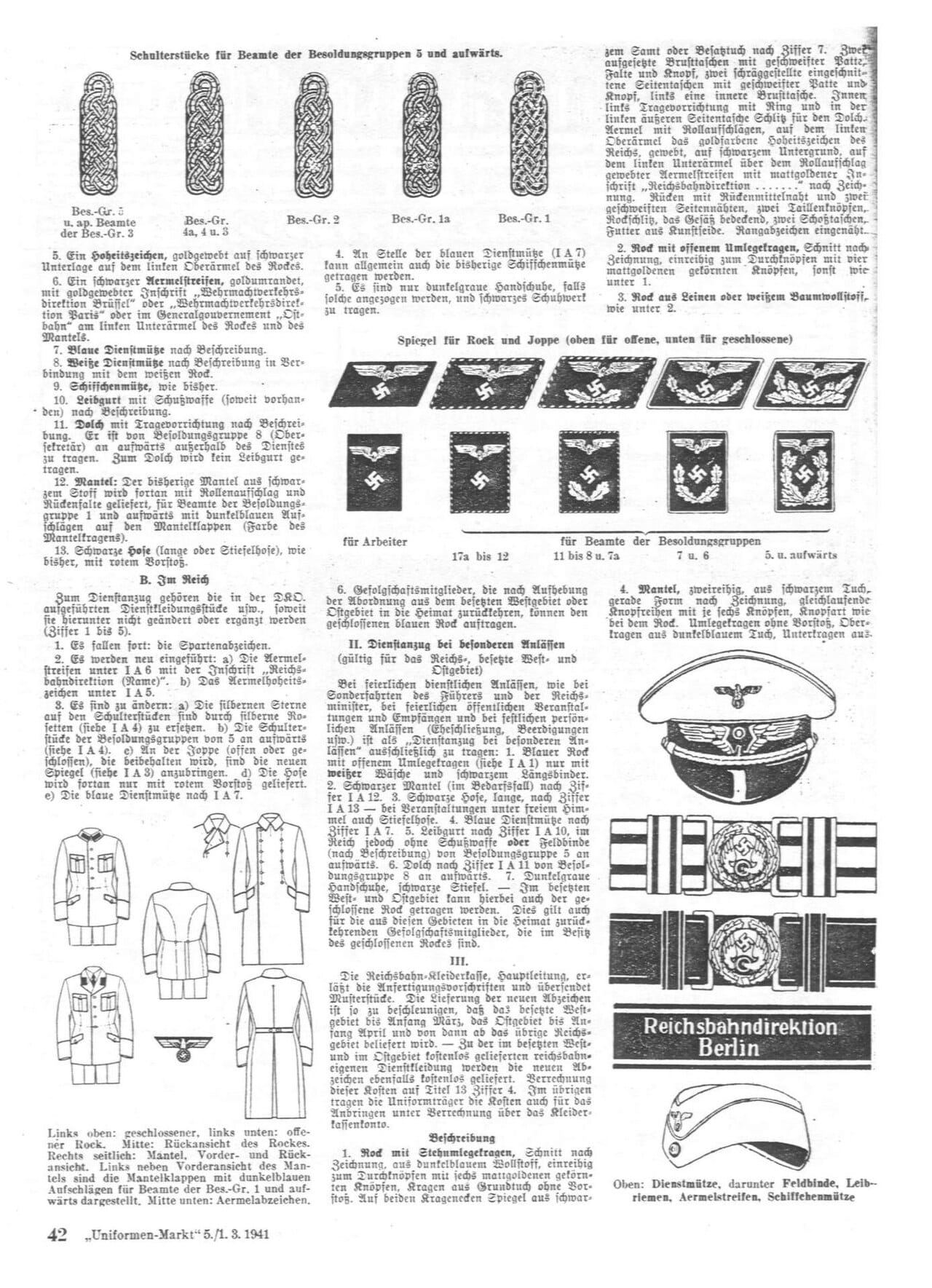 Uniformen-Markt 1941-03-01 - Deutsche Reichsbahn Dienstkleidung -anzug - Nazi Germany national railway uniforms insignia Feb 1941 02 Shoulder boards collar tabs tunics coats caps cuff title belts. No known copyright 05-41-02