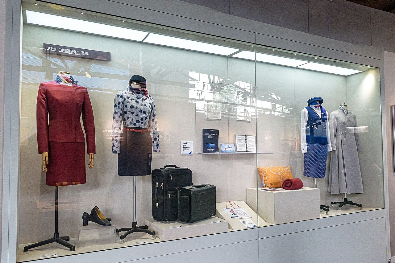 Contemporary uniforms of four carriers shown side by side in a museum.