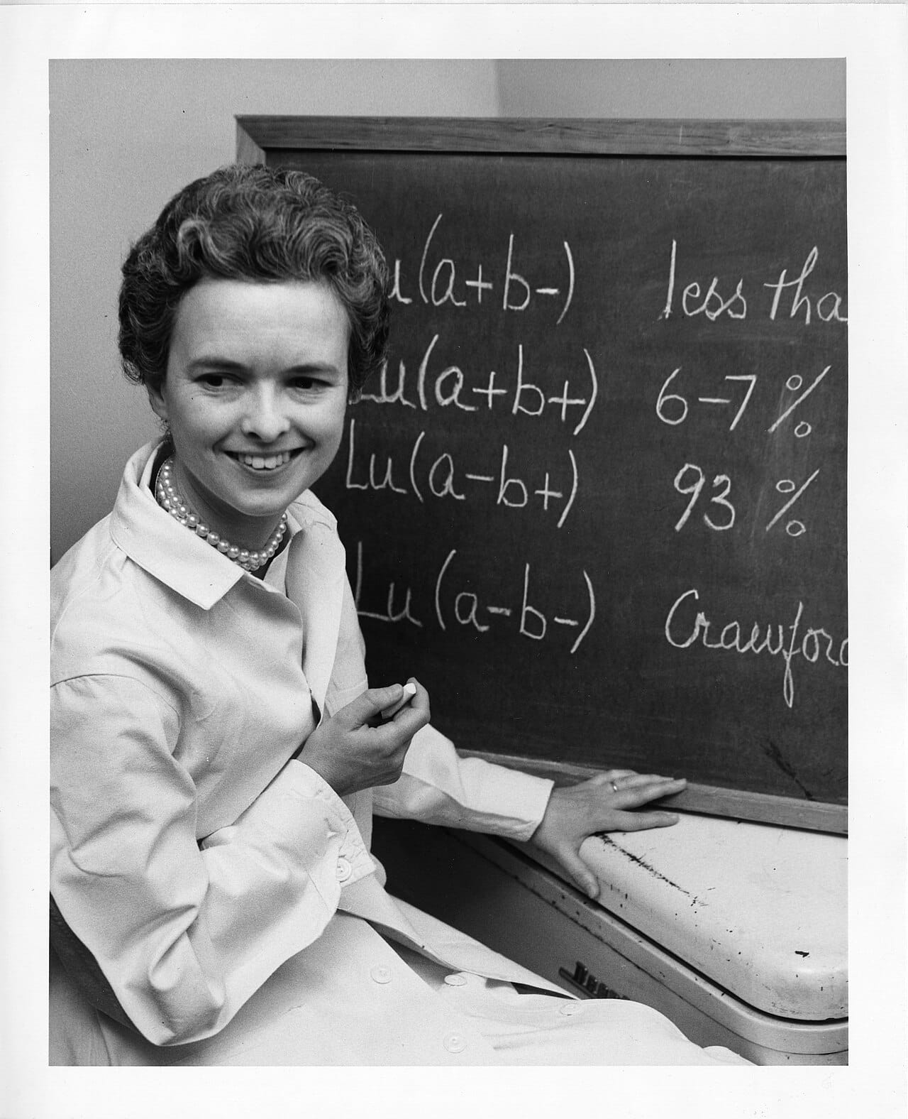 A researcher beside a blackboard of equations.
