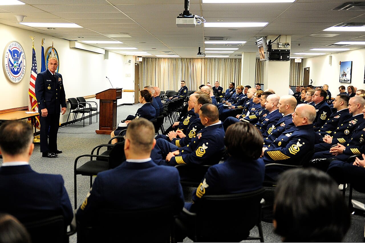 Master Chief Petty Officer of the U.S. Coast Guard Michael Leavitt discusses Sexual Assault Awareness and Prevention Month during a chief's call at Coast Guard Headquarters in Washington, D.C., April 3 130403-G-ZX620-005