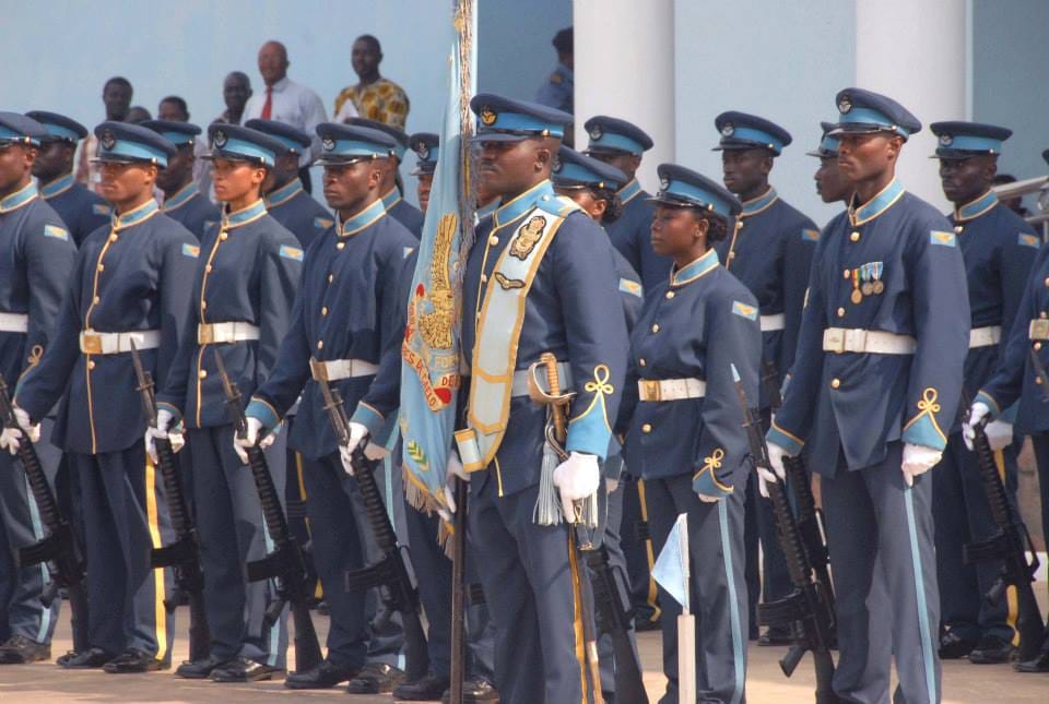 Members of the Kofi Annan International Peacekeeping Training Center honor guard stand in formation during a welcoming ceremony for Ivory Coast Gen. Soumaila Bakayoko, the Economic Community of West African 130626-A-ZZ999-016