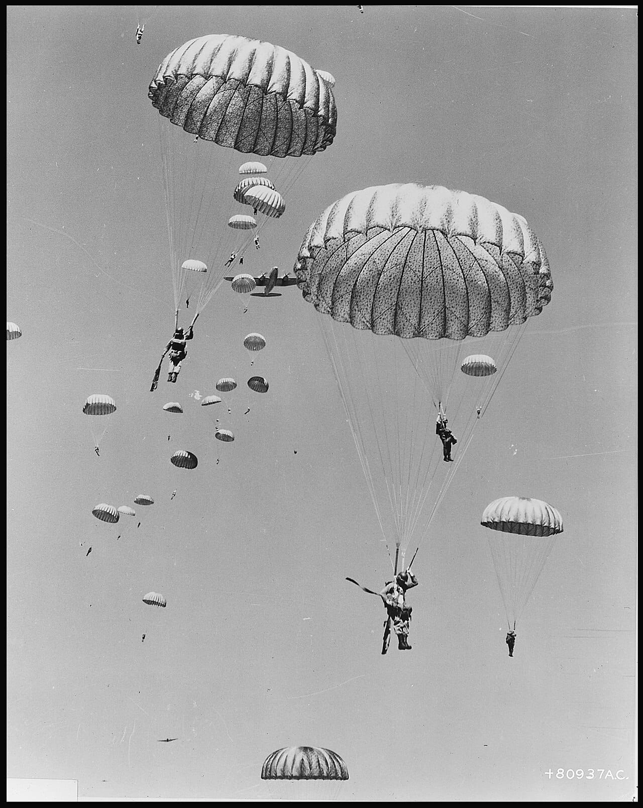 Air dropped by the 437th Troop Carrier Wing, paratroopers of the 187th Regimental Combat Team decend to earth during... - NARA - 542238