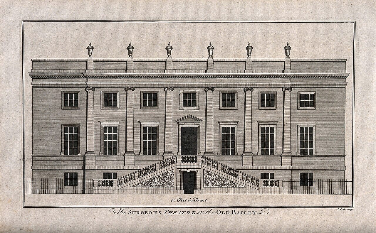The facade of Surgeons' Hall, Old Bailey, in an engraving.