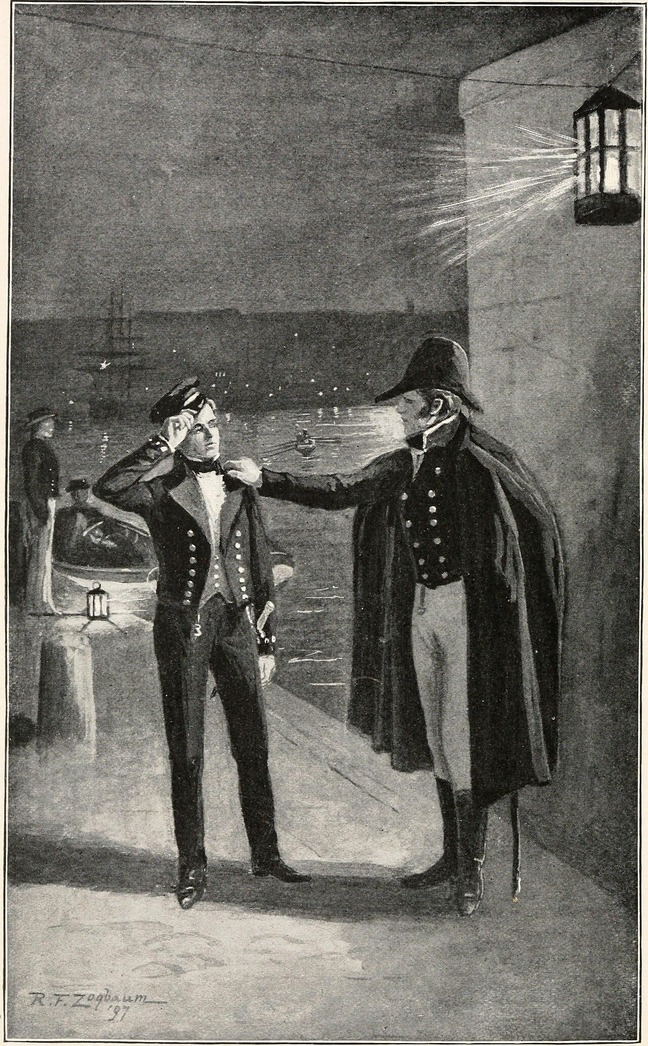 An illustration of American sailors of 1812, in loose light trousers and short jackets.
