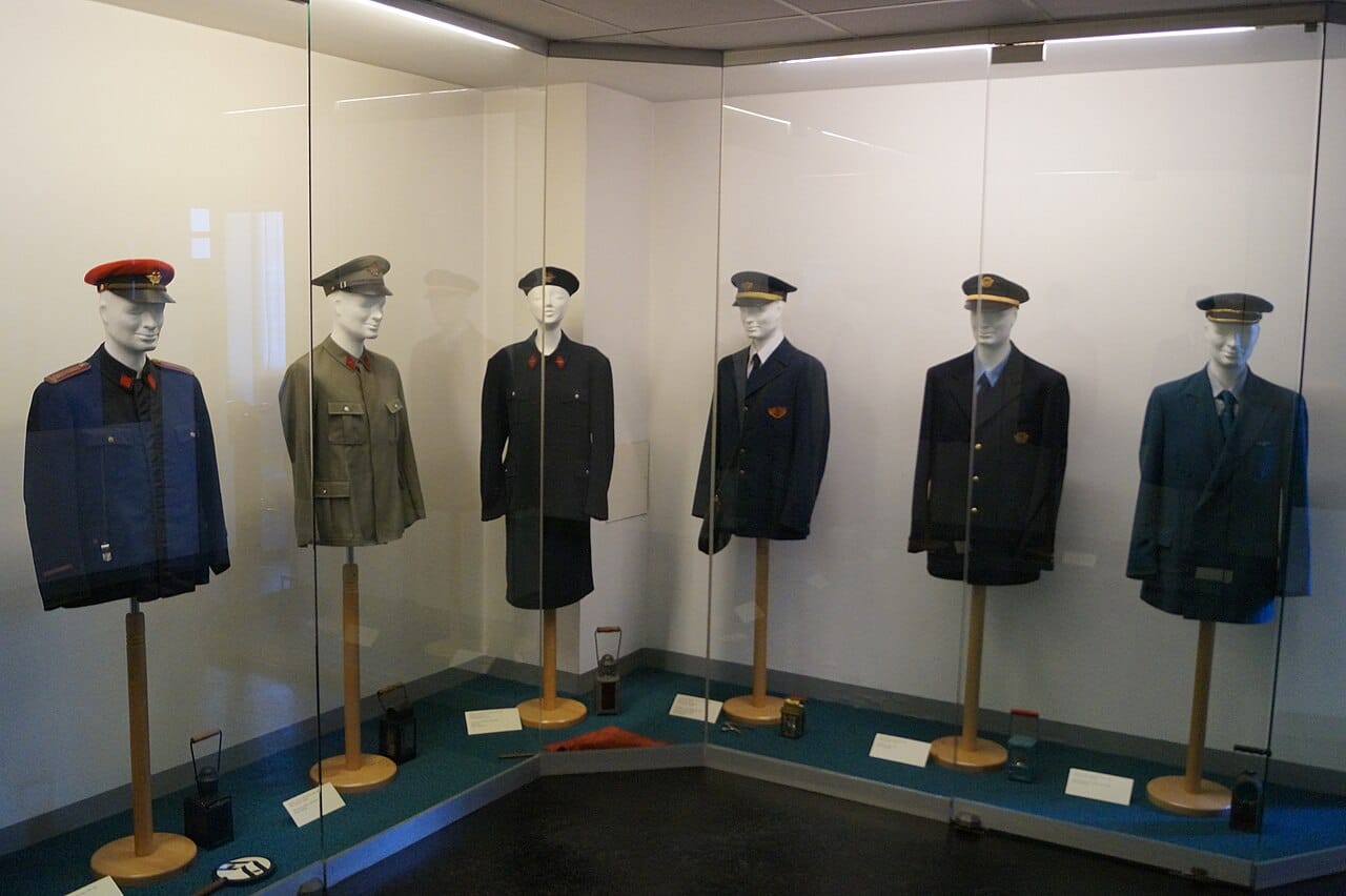 Uniforms displayed at the Slovenian railway museum.