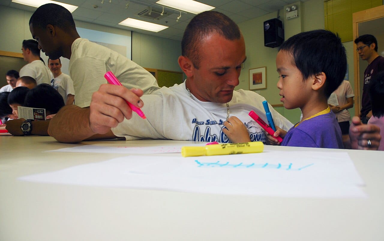 US Navy 070728-N-9928E-021 Aviation Ordnanceman 3rd Class Mark Rushing from the Nimitz-class aircraft carrier USS John C. Stennis (CVN 74) helps makes a name tag for a student at an elementary school in Hong Kong