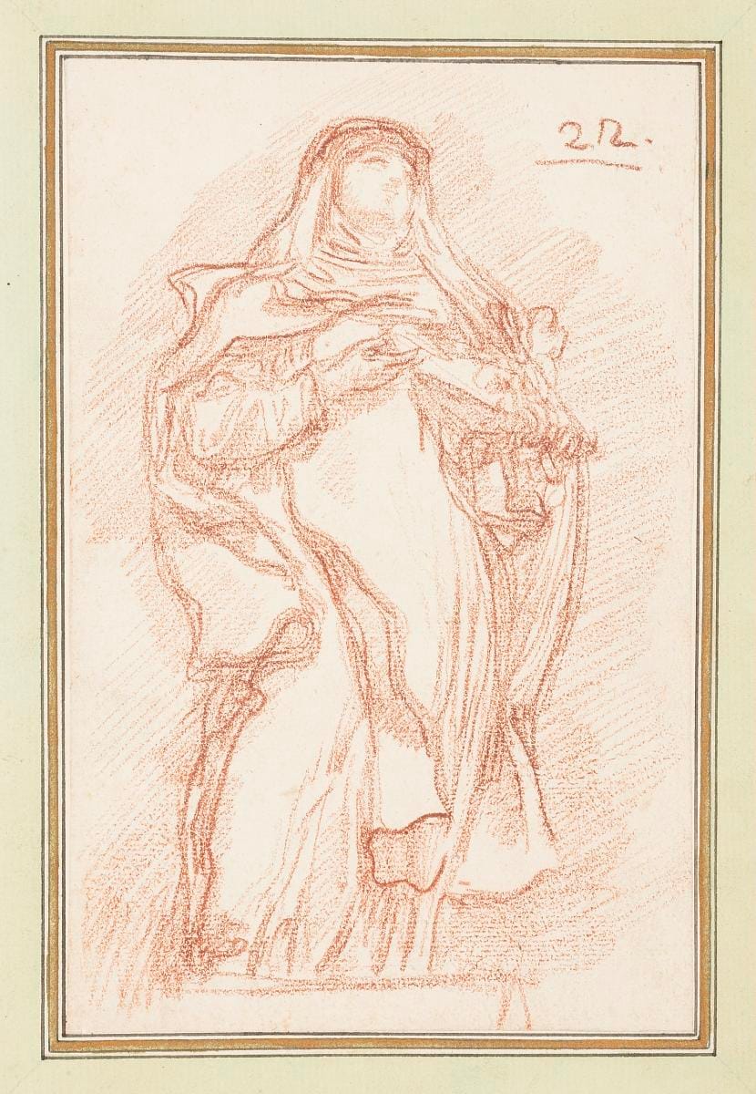 A drawing of a standing woman in a nun's habit, the veil and wimple carefully rendered.