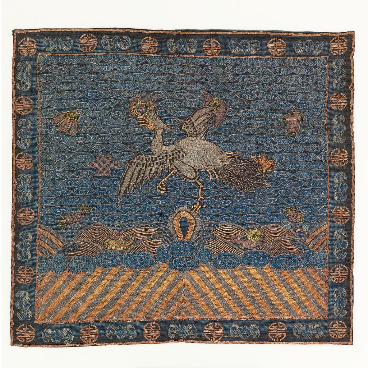 A rank square: a single bird against cloud, sun disc at one corner, a band of stylised waves along the lower edge.