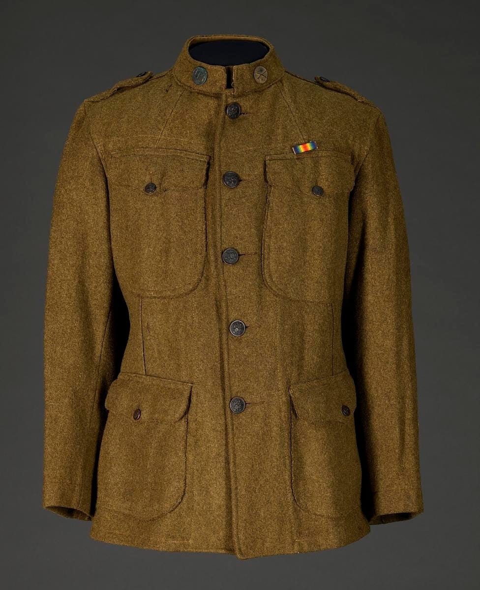 A First World War enlisted man's olive drab tunic, front view.