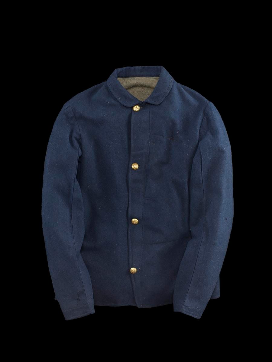 A US Army sack coat, Model 1858: a loose four-button coat in dark wool.