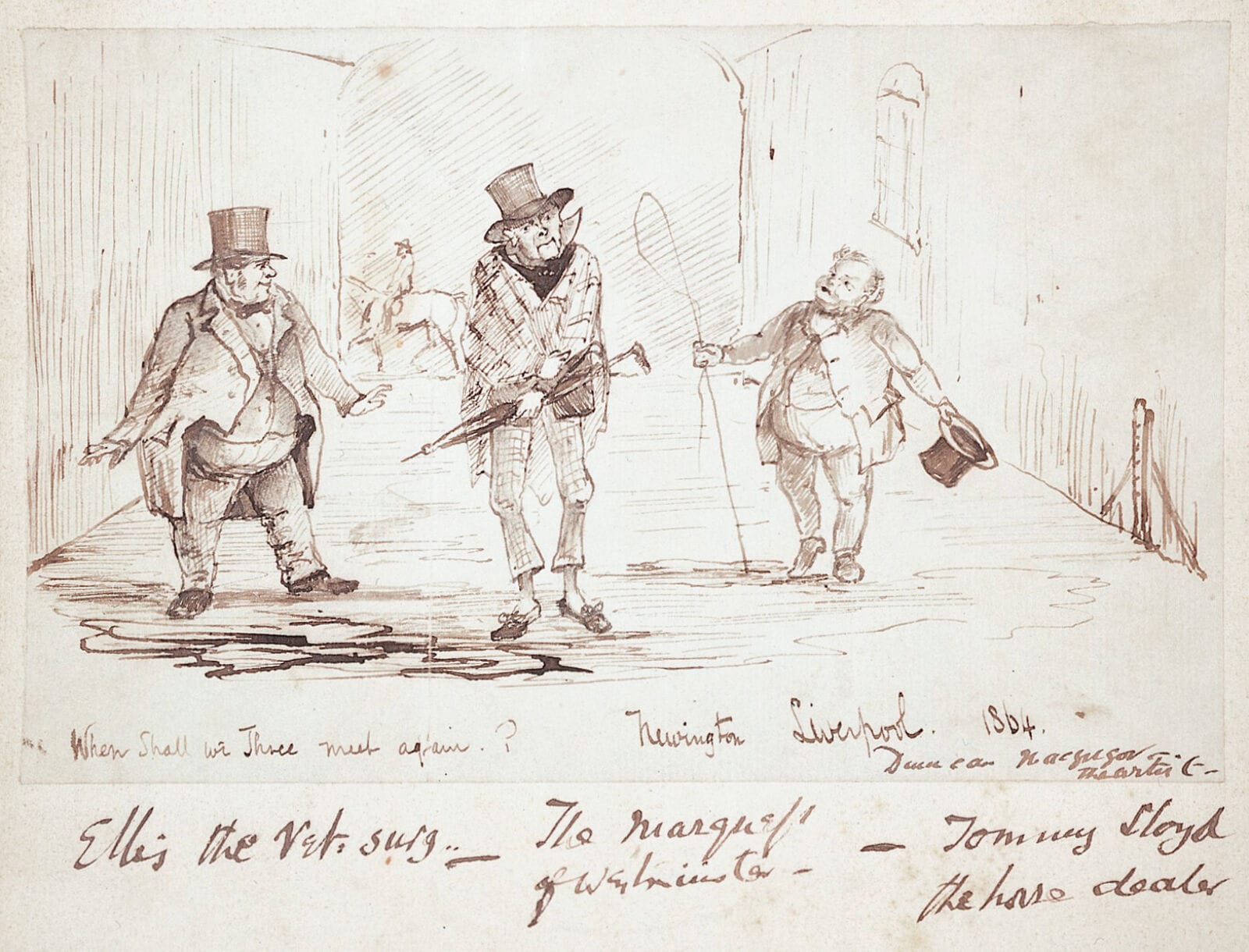 Richard Grosvenor, 2nd Marquis of Westminster, with Ellis (veterinary surgeon) and Tommy Lloyd (horse dealer). Pen and ink drawing by D. Macgregor, 1864.