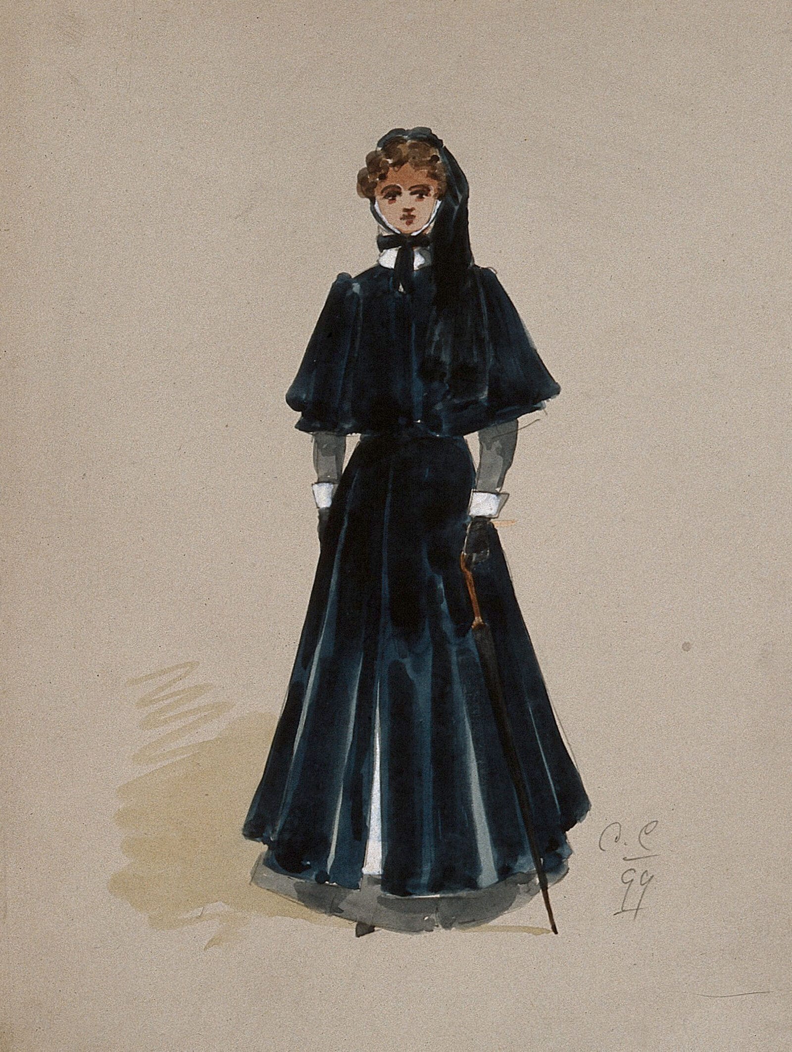 An army hospital nurse in outdoor uniform, painted from the side, the cape falling from the shoulder to below the hip.