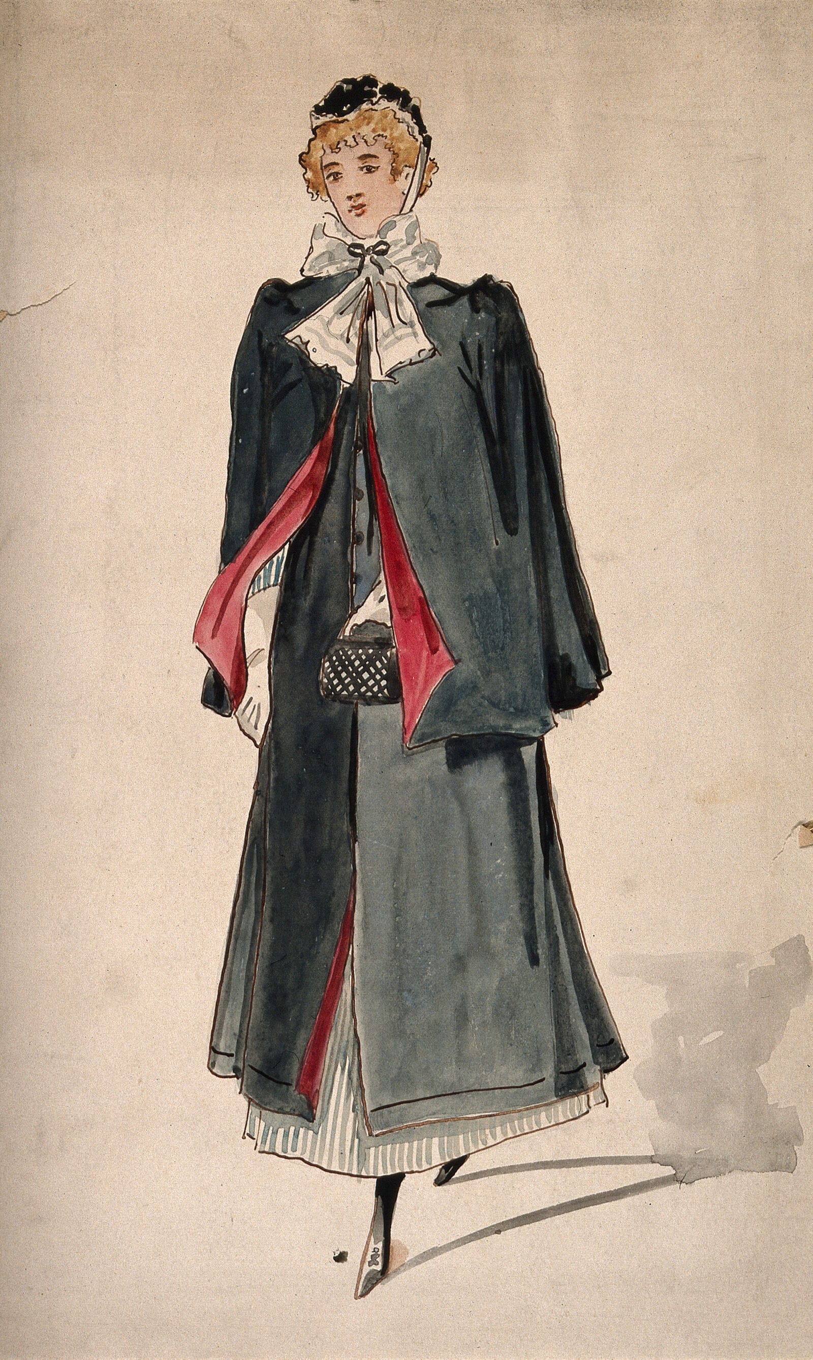 A district nurse in outdoor uniform, carrying her bag.