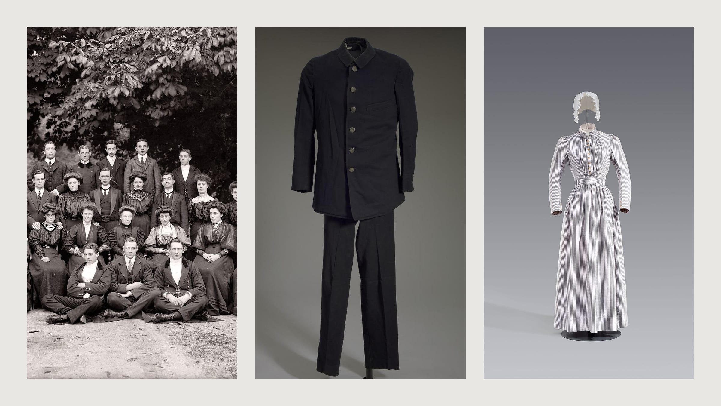 A household staff photographed together, a Pullman porter's coat, and a maid's dress with cap