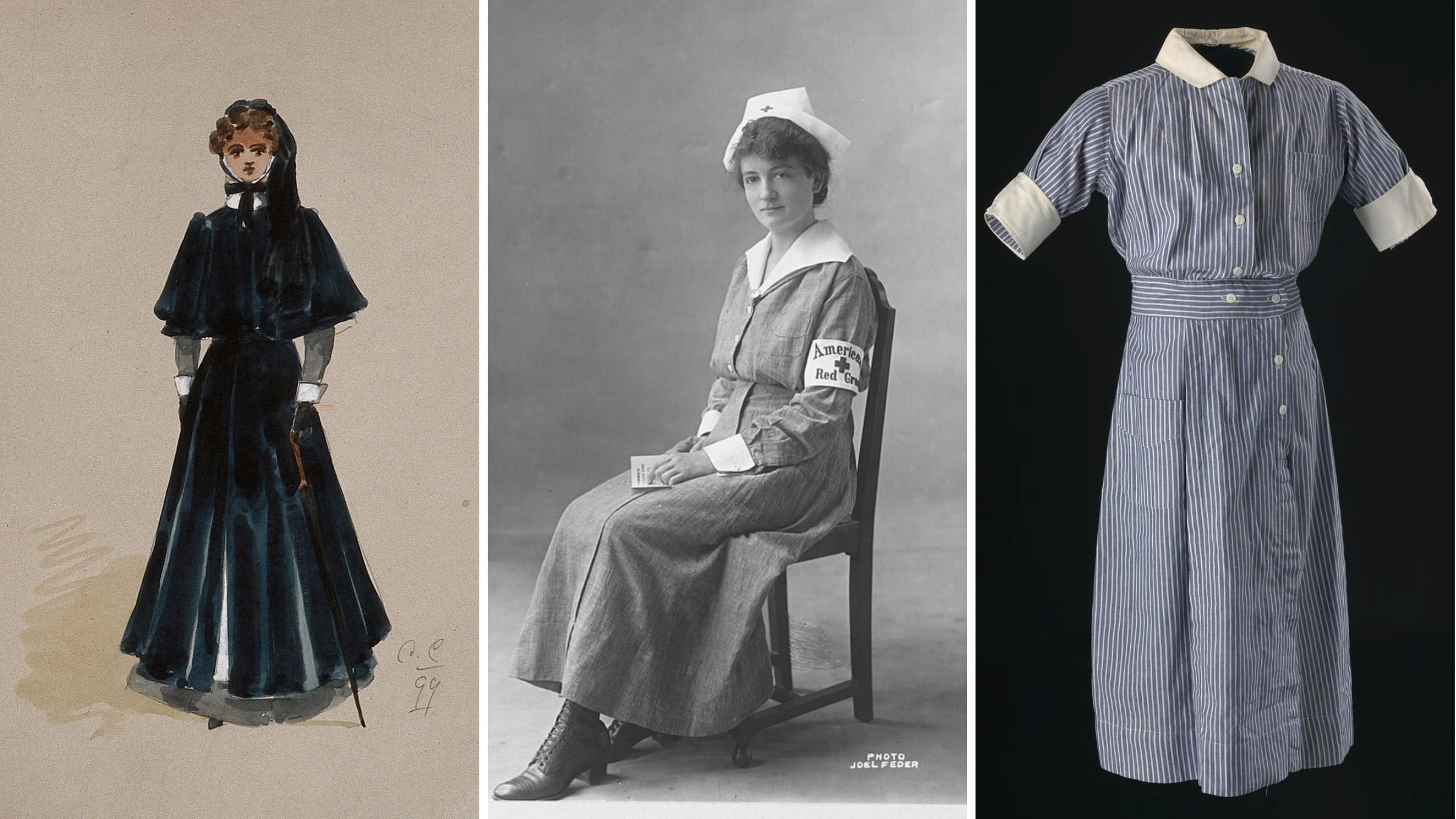 A nurse's outdoor uniform in watercolour, an American Red Cross nurse photographed in 1918, and a 1944 uniform dress