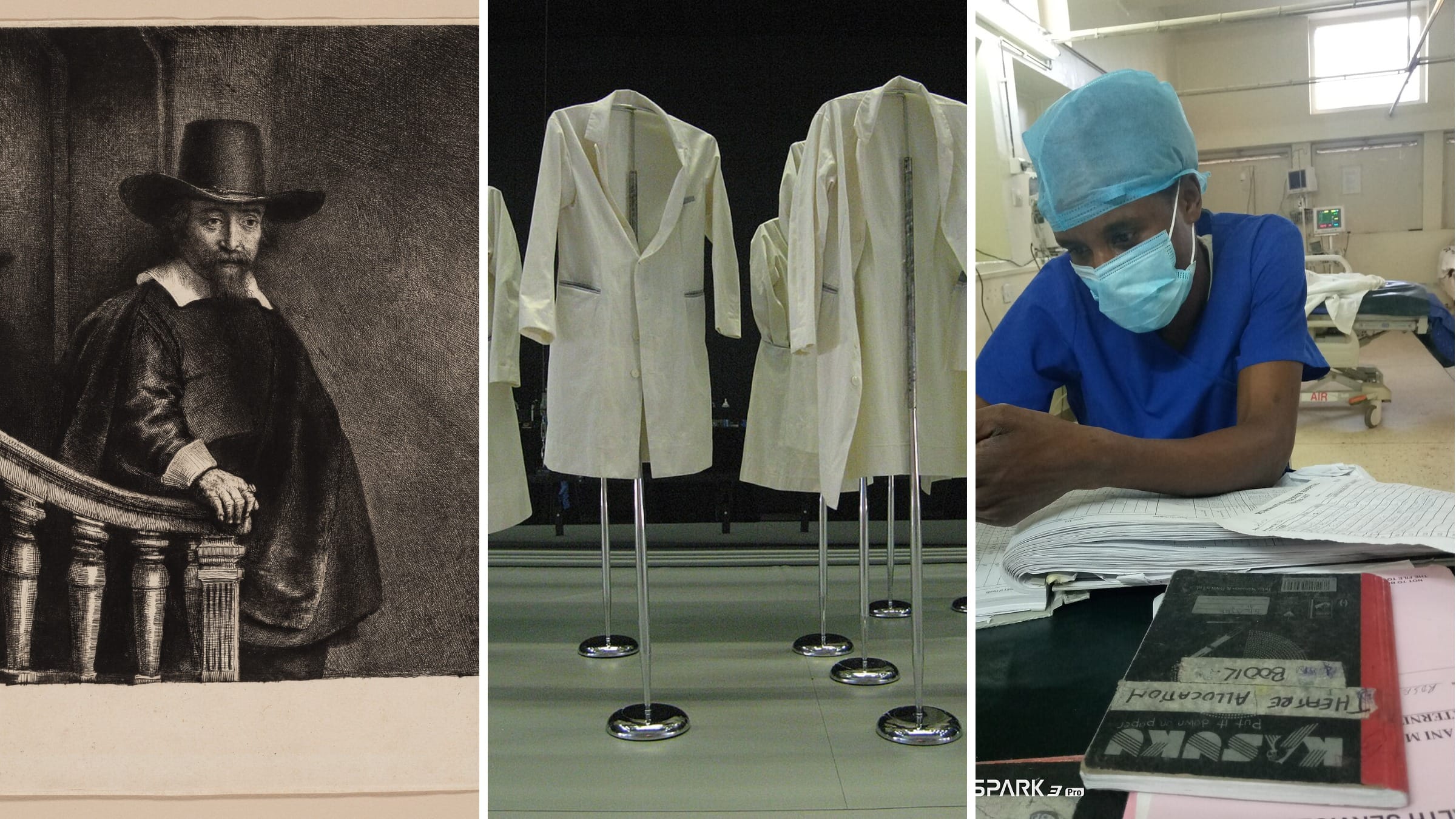 A seventeenth-century physician in black, a rail of white lab coats, and a surgeon in modern scrubs