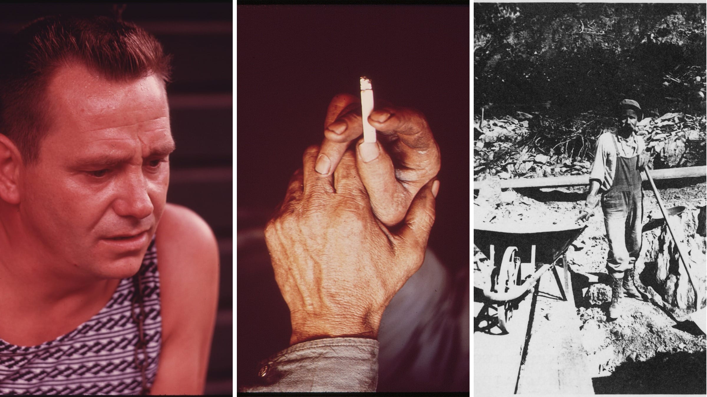 Three photographs of miners: a portrait at Brookside, a close view of a uranium miner's hands, and an individual miner near Dawson