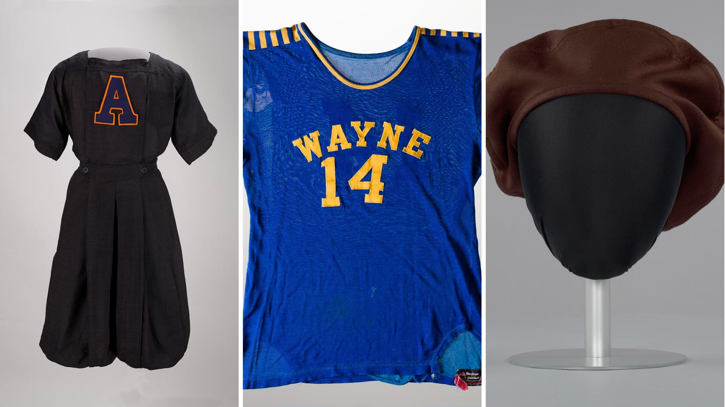A school gym suit, a high school basketball jersey and a school uniform, photographed as museum objects