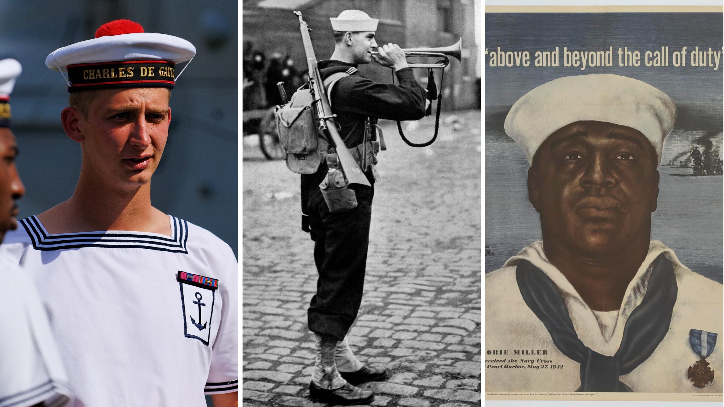 A seaman in white dress, a naval militia bugler, and a Second World War navy recruitment poster