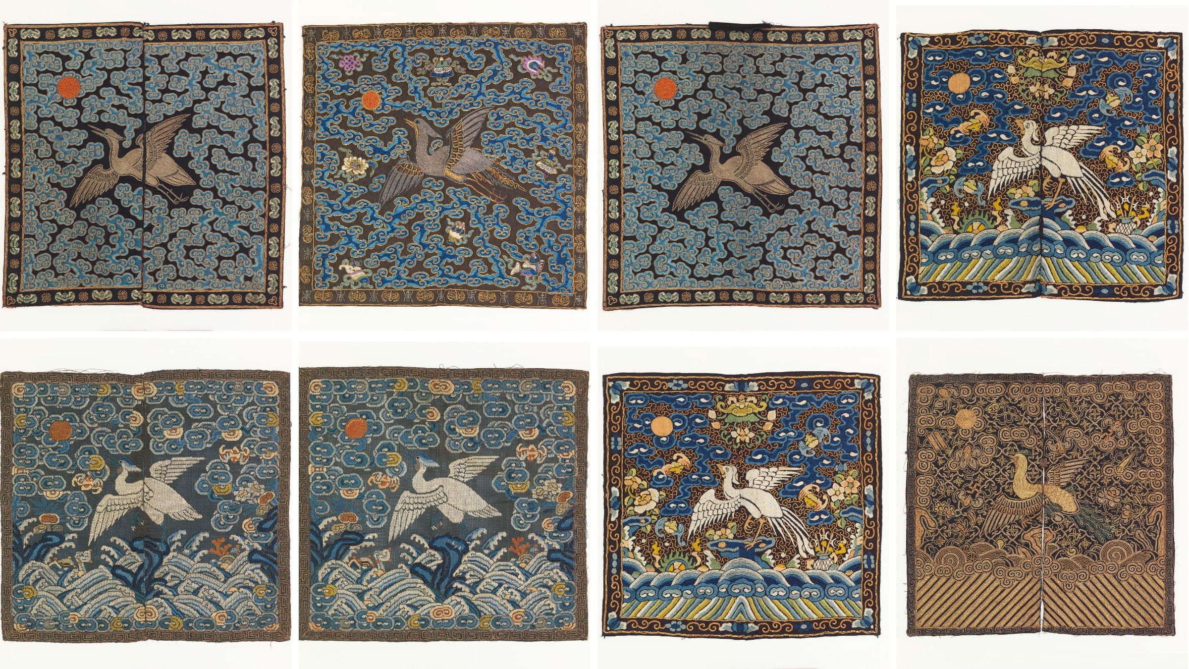 Eight Chinese civil and military rank badges, each an embroidered silk square