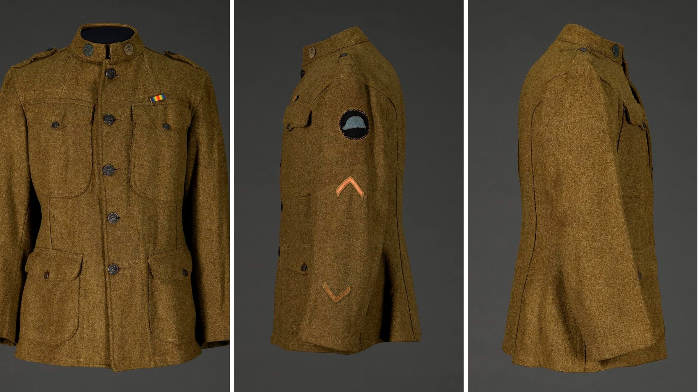 Three views of a First World War enlisted man's olive drab tunic