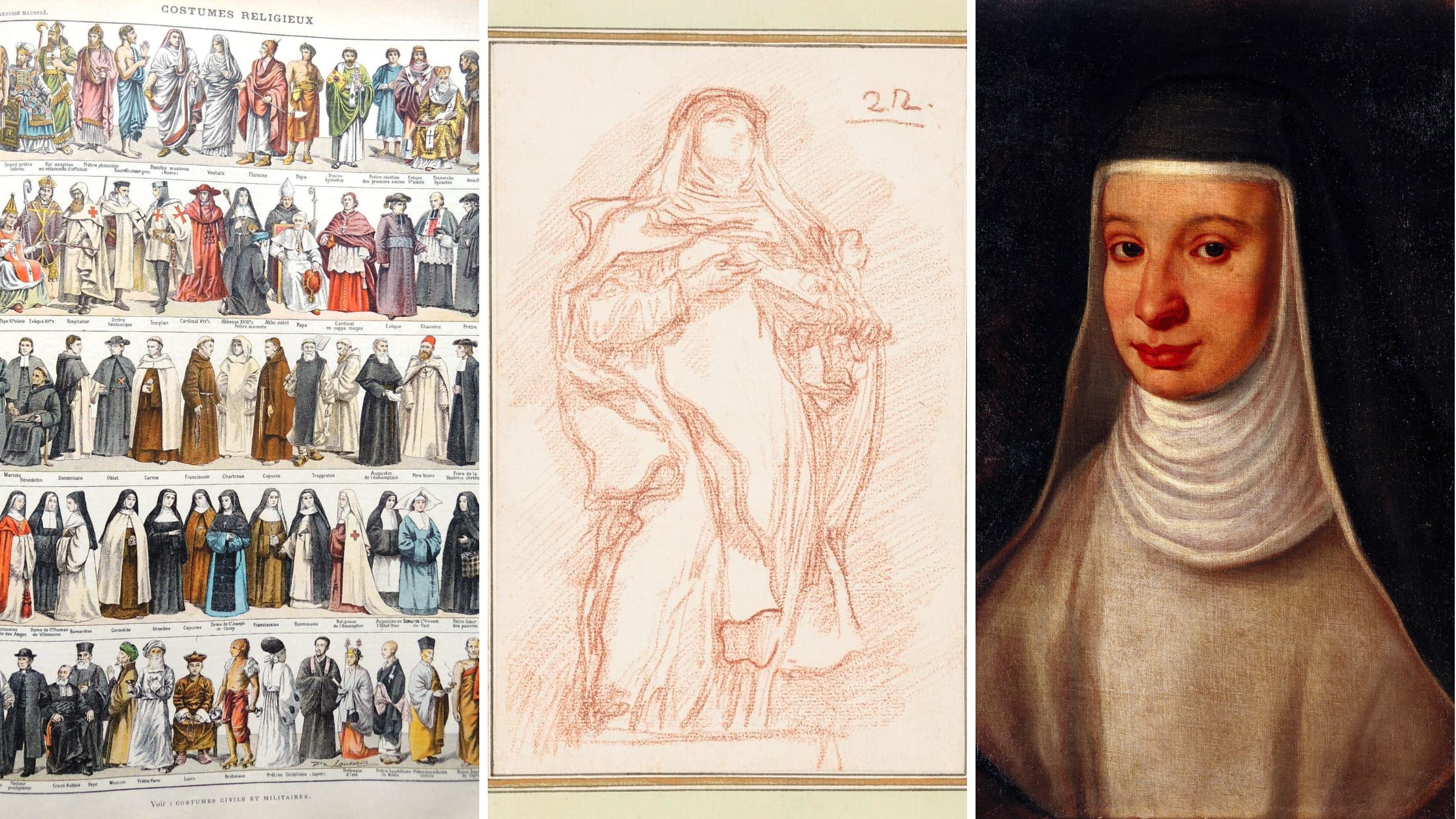 A comparative plate of religious habits, a drawing of a woman in a nun's habit, and a painted portrait of a nun