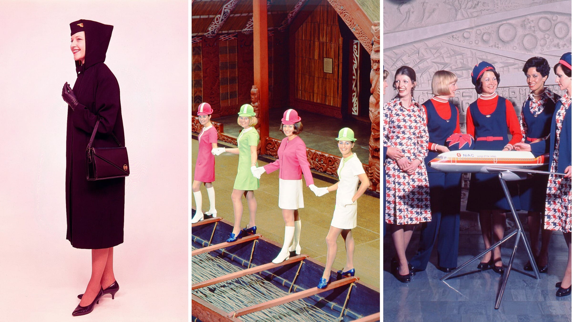 Three airline cabin crew uniforms of 1959, 1970 and 1975