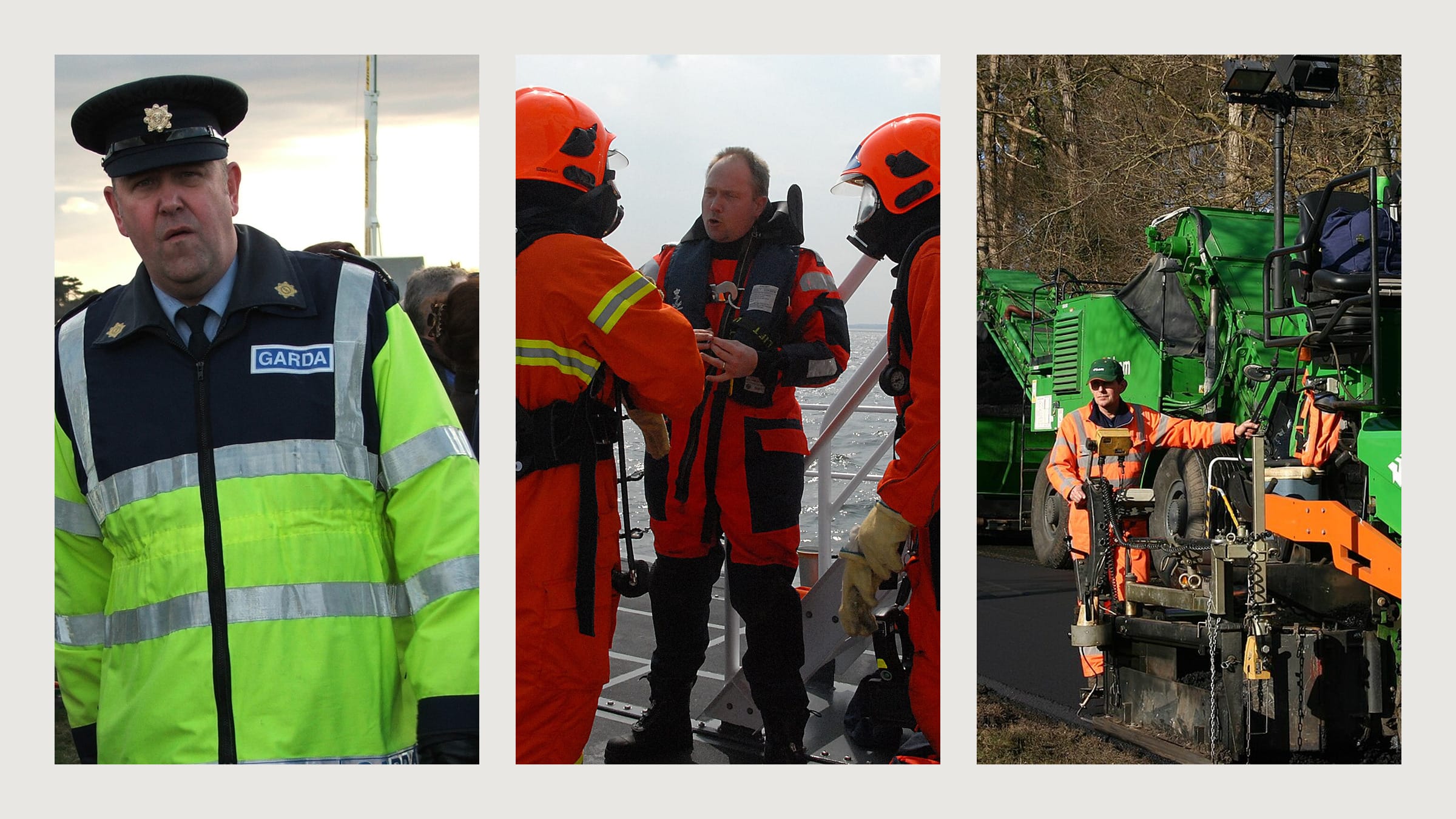 A police officer, a naval rescue team and a road crew, all in high-visibility clothing