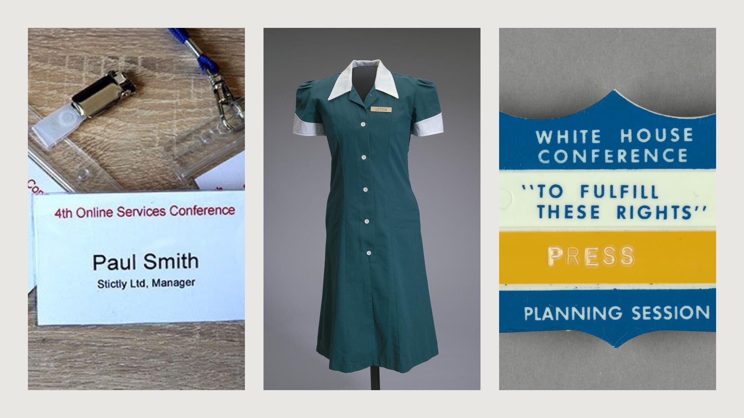 A modern employee name badge, a waitress uniform, and a 1965 conference badge