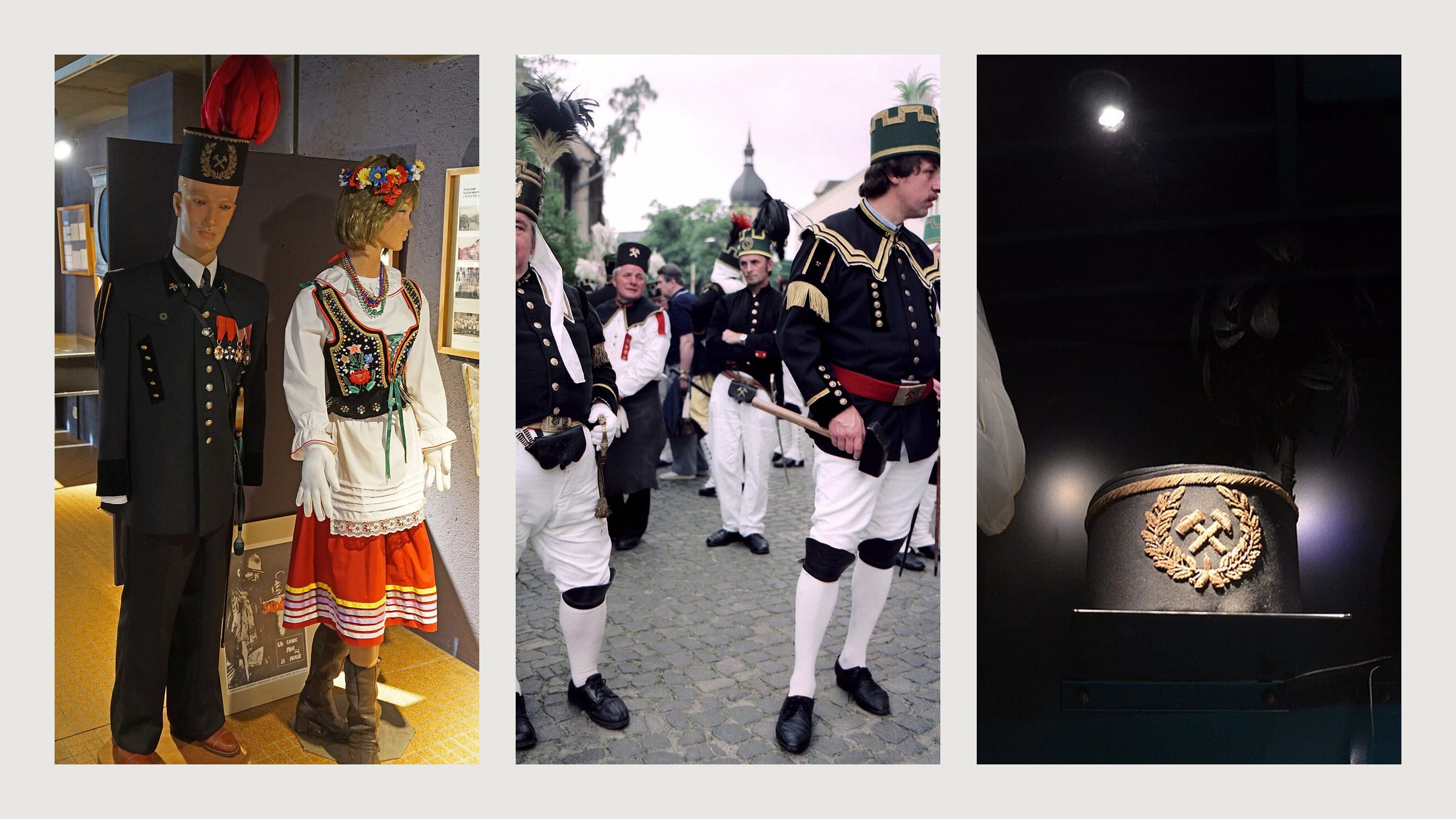 A miner's ceremonial coat on a museum figure, a parade in black tunics and white breeches, and shakos in a display case