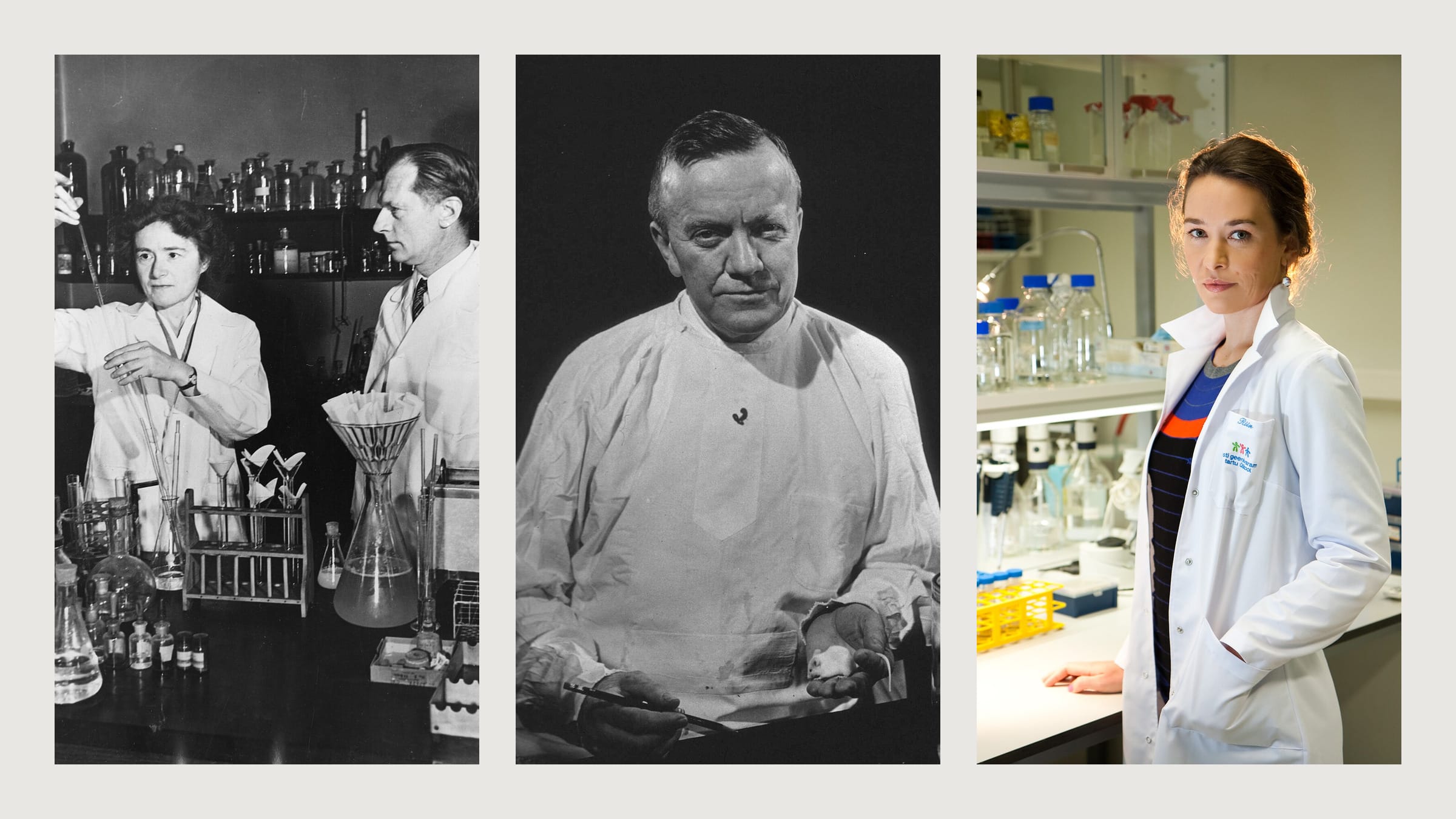 Two chemists in a 1940s laboratory, a bacteriologist around 1950, and a geneticist in 2012 — all in white coats